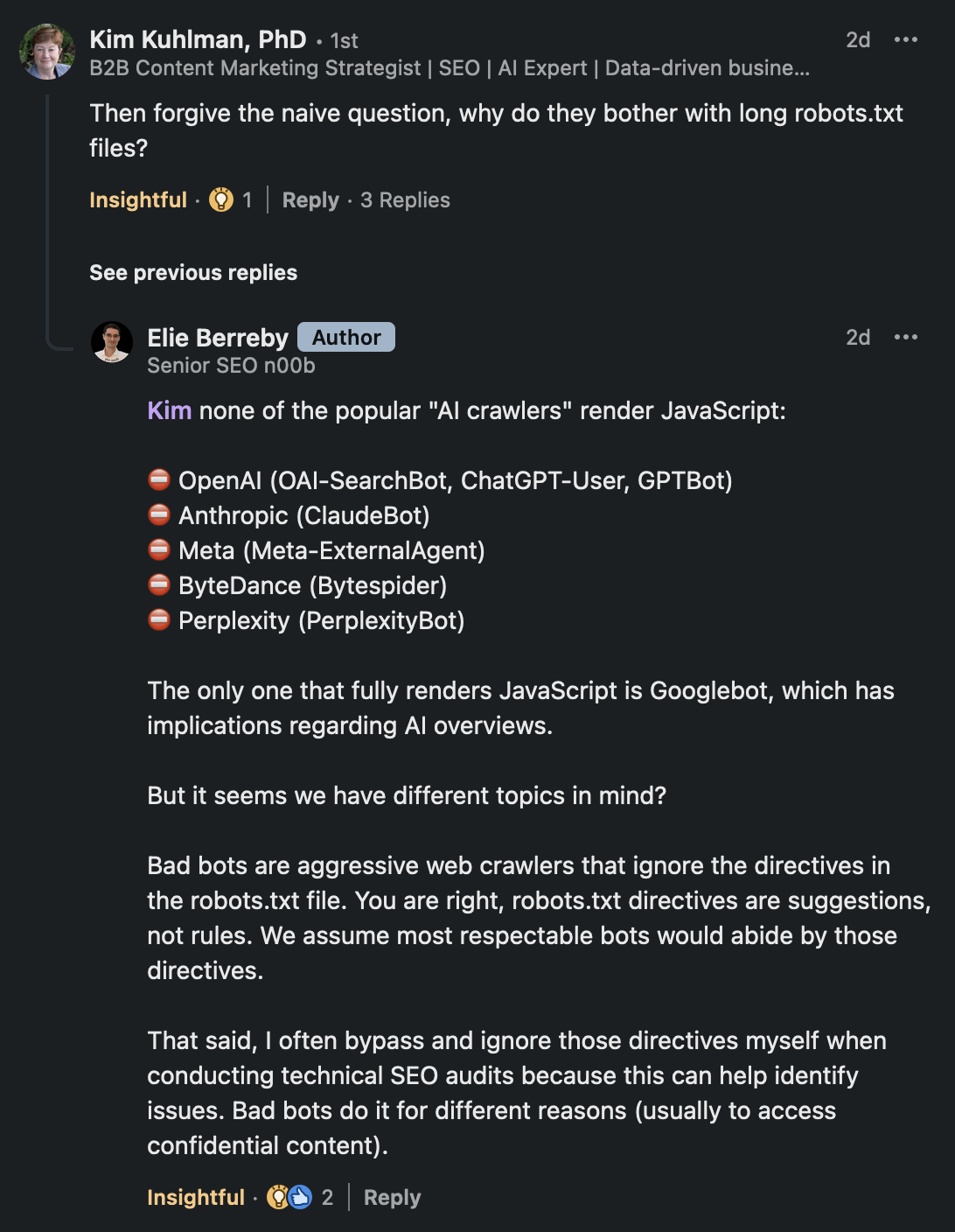 Linkedin comment interaction about AI crawlers and their inability to render JavaScript (apart from Googlebot)