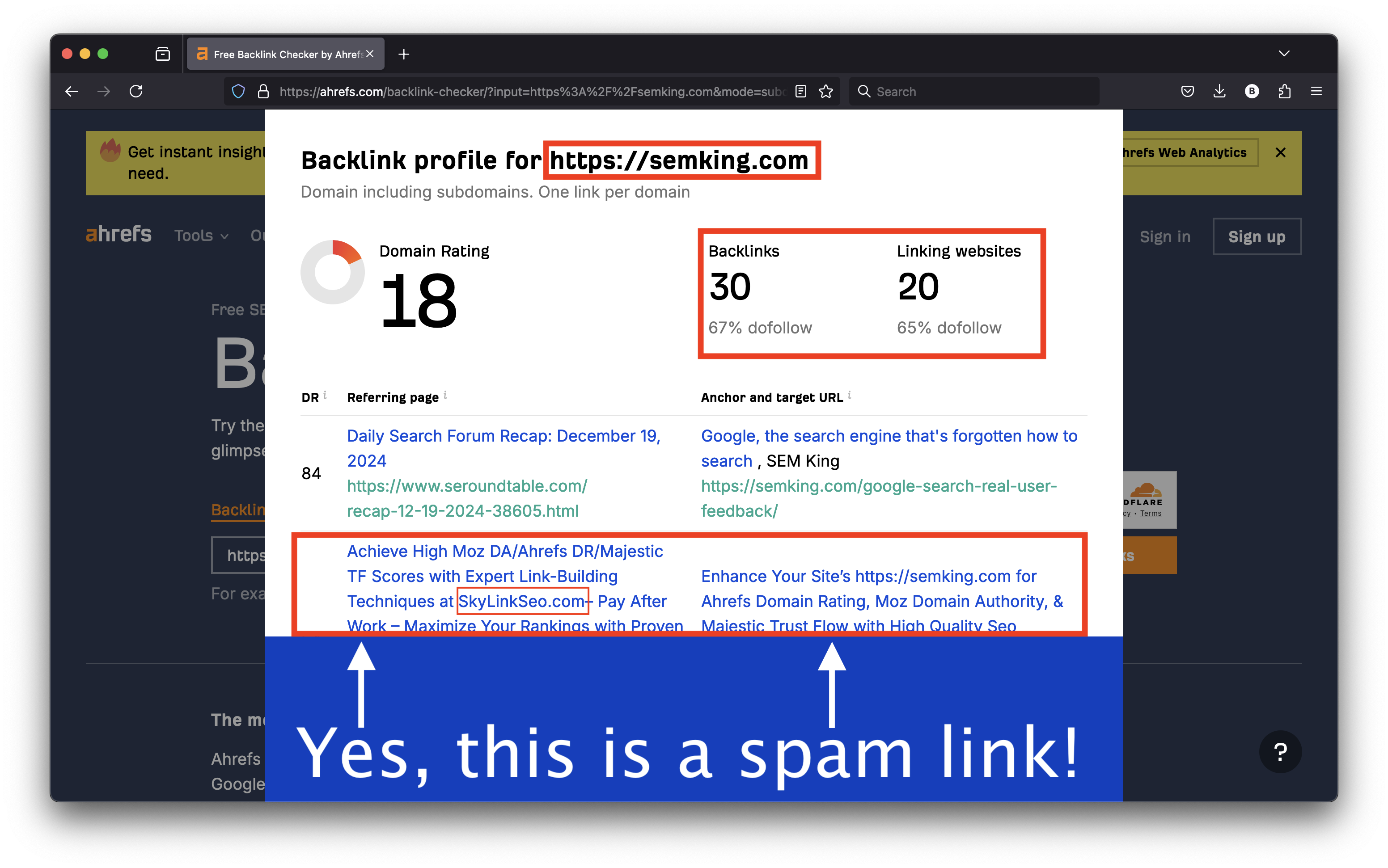 Ahrefs backlink checker and my domain semking.com + spam links