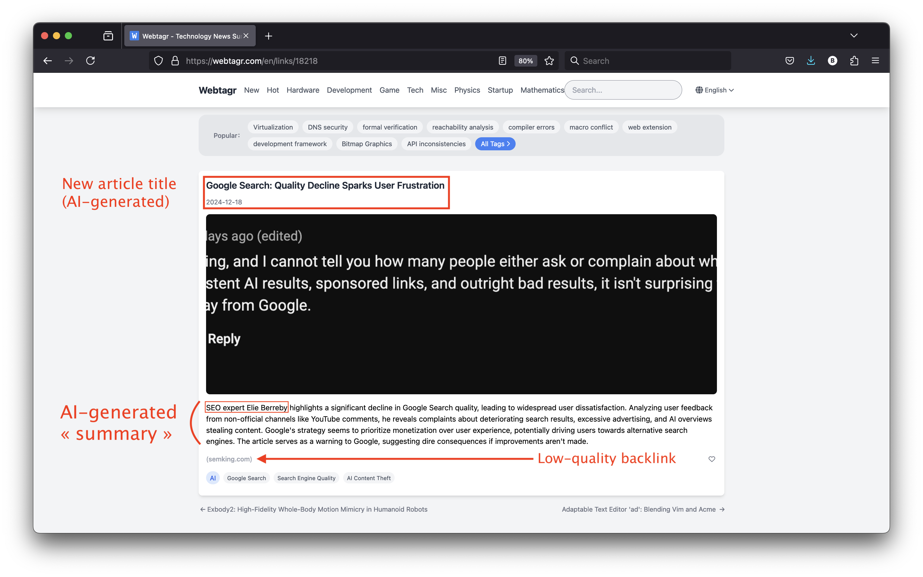 LLM scraping my previous article "Google, the search engine that's forgotten how to search" to generate an AI summary