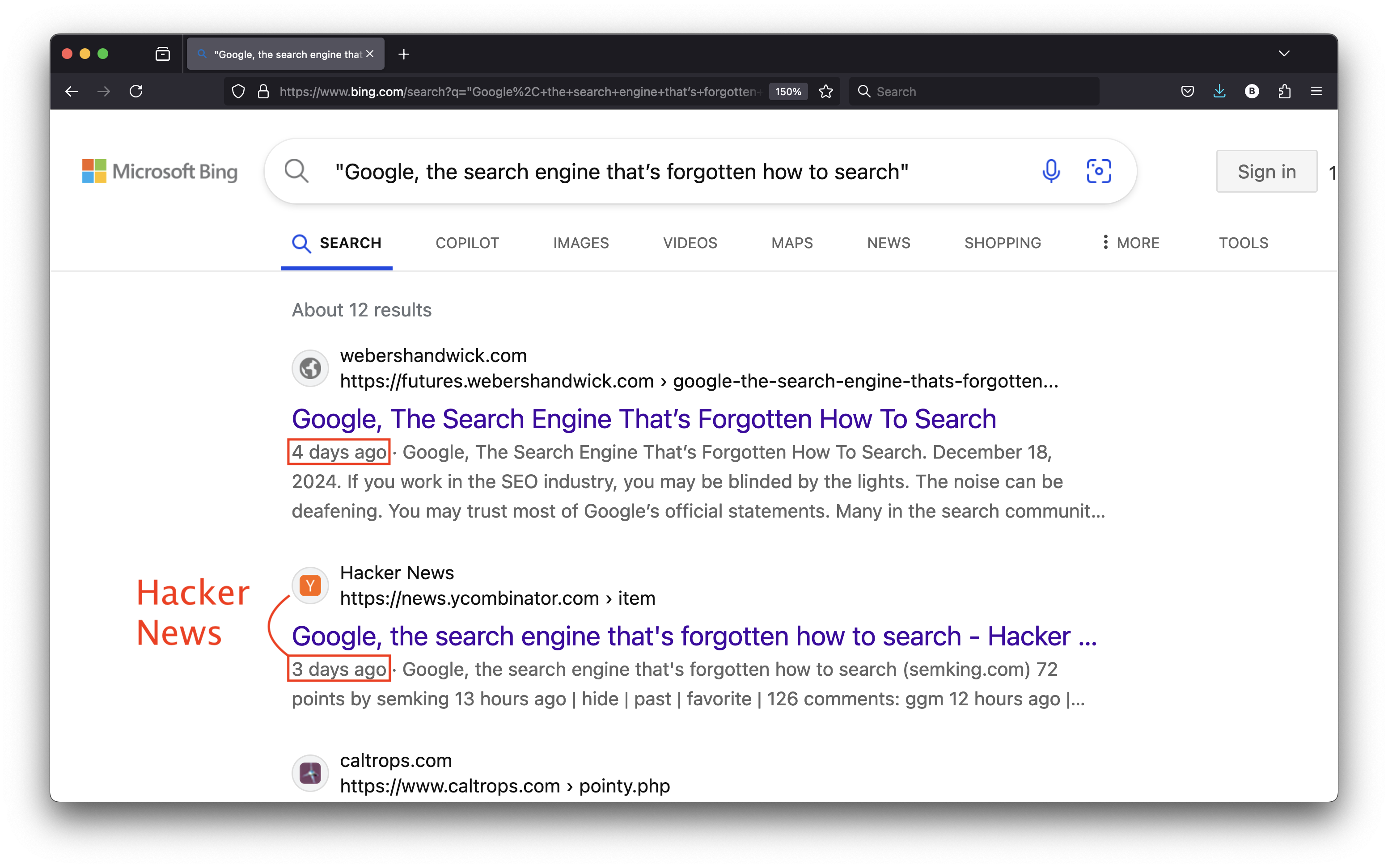 Microsoft Bing organic search engine result pages showing how WeberShandwick scraped and republished my content on their futures subdomain and how they ranked first for my article title