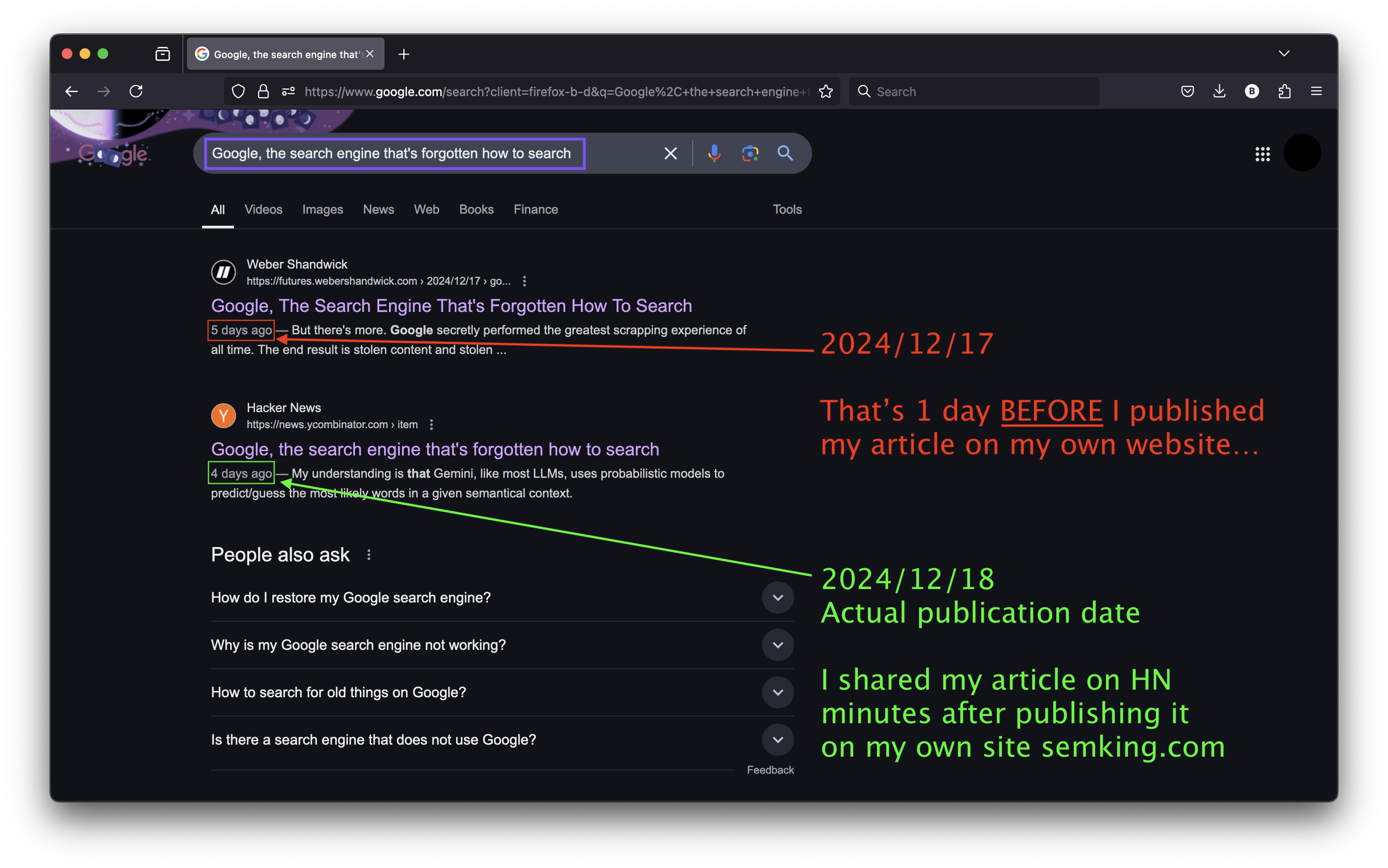 Google Search SERPs showing how WeberShandwick scraped and republished my content on their futures subdomain and how they ranked first on Google for my article title!