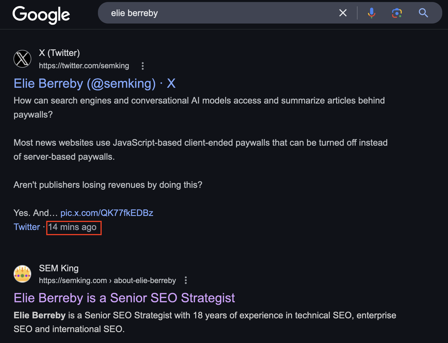Screenshot of Google Search showing how fast X/twitter posts are indexed in 2025