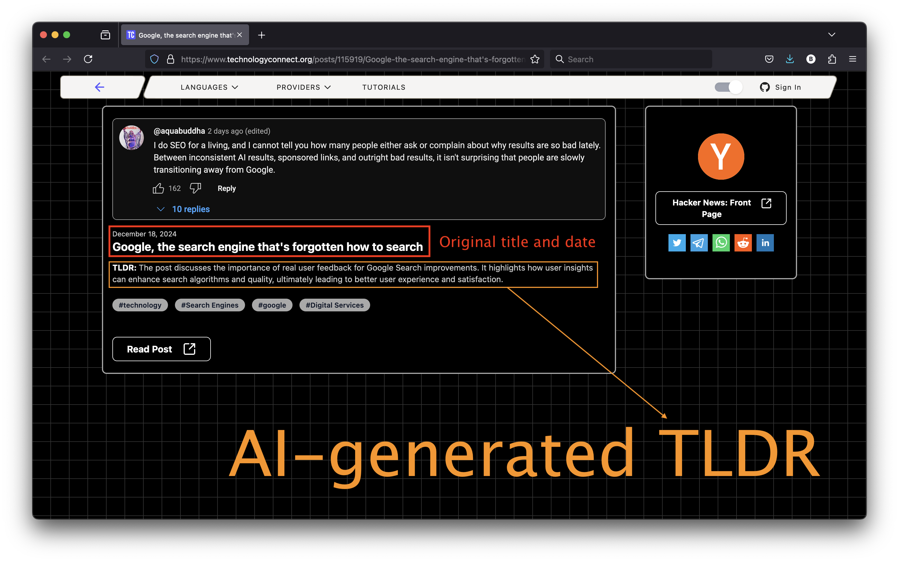 Another AI-generated 2-line TLDR "summary" of my scraped article