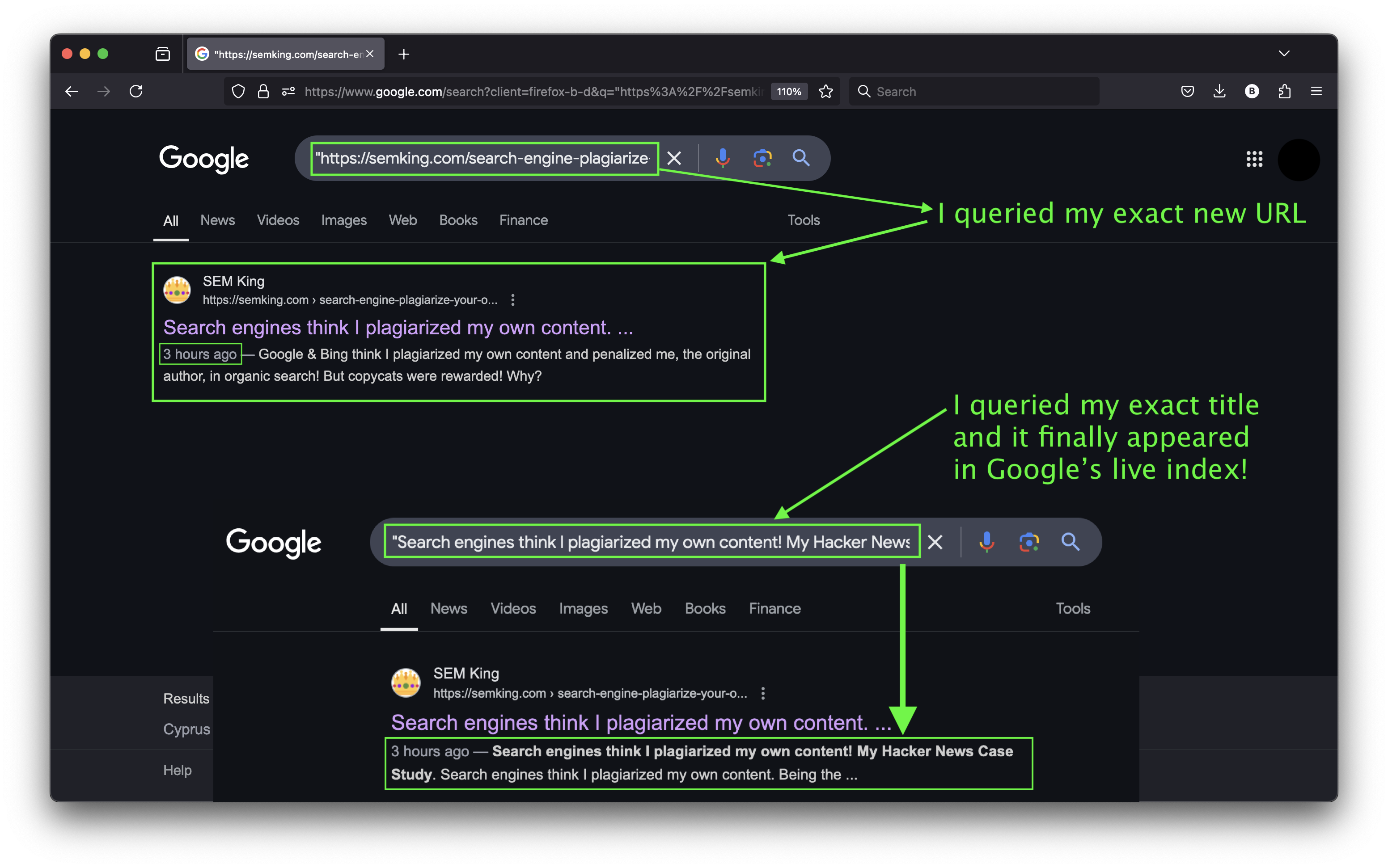 New URL finally appearing in Google's live index!