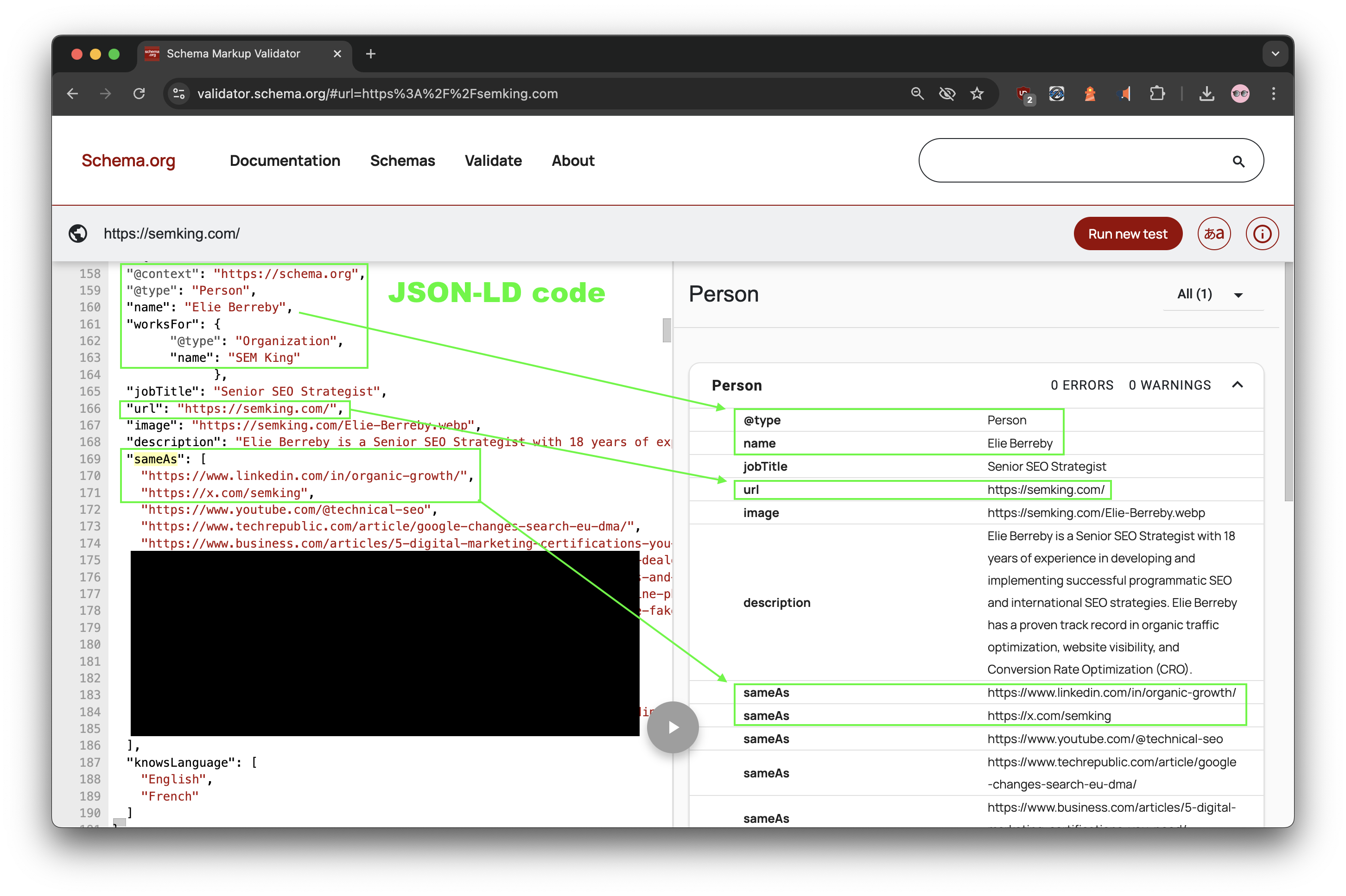 The JSON-LD code on my website semking.com and the result using the Schema Validator (Structured Data)