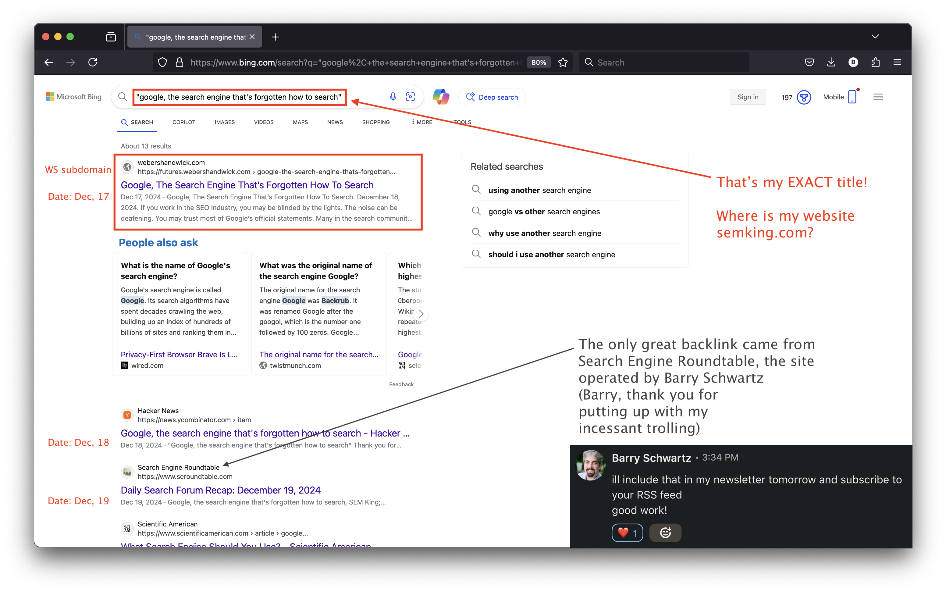 The evolution of Bing's SERPs and the only good backlink I got was from Barry Schwartz who published on Search Engine Roundtable