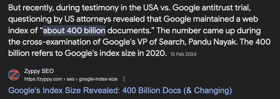 Google Anti Trust Trial: About 400 billion documents (webpages) indexed in Google's index.