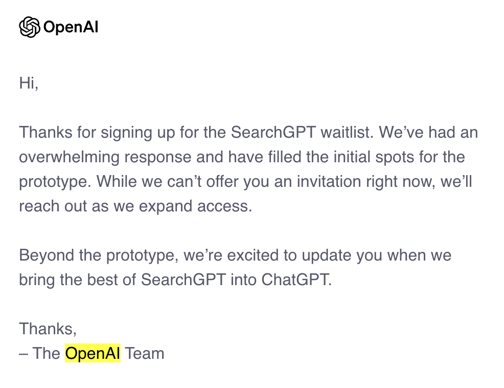 OpenAI's email regarding the Search GPT prototype